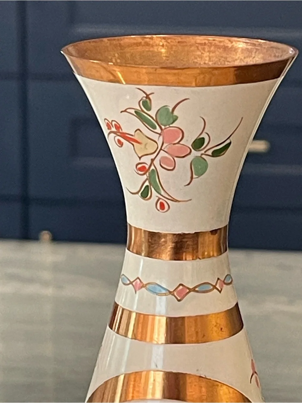Vintage Hand-Painted Enameled Brass Floral Bud Vase - Bohemian Decor EUC